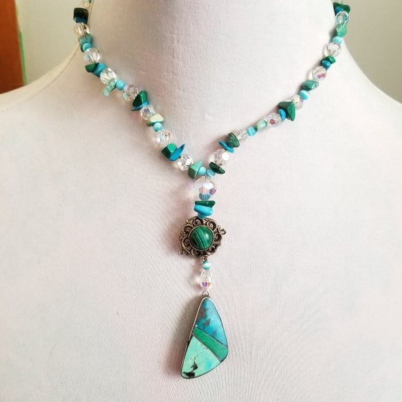 Hand Crafted Jewelry - Handmade necklace with malachite and turquoise silver beaded southwestern